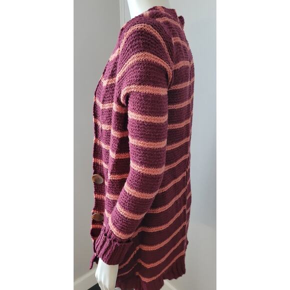 Free People Sz. XS Sweater Striped Cardigan Lightweight Big Button Pockets Long - Picture 6 of 16